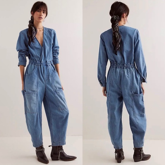 NWT Free People Archie Denim Coverall Barrel Leg Jumpsuit